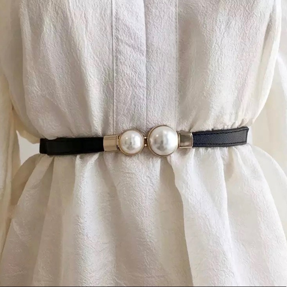 Black Leather Pearl Skinny Belt Gold Hardware